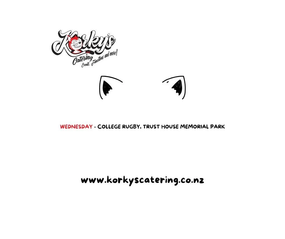 Wednesday find us at the College Rugby at Trust House Memorial Park from 4-7pm.

We'll have our great range of burgers as well as fries, American hotdogs and soft drinks for you to enjoy during the match.

 #korkyscatering #memorialpark #rugbyszn🏉 #