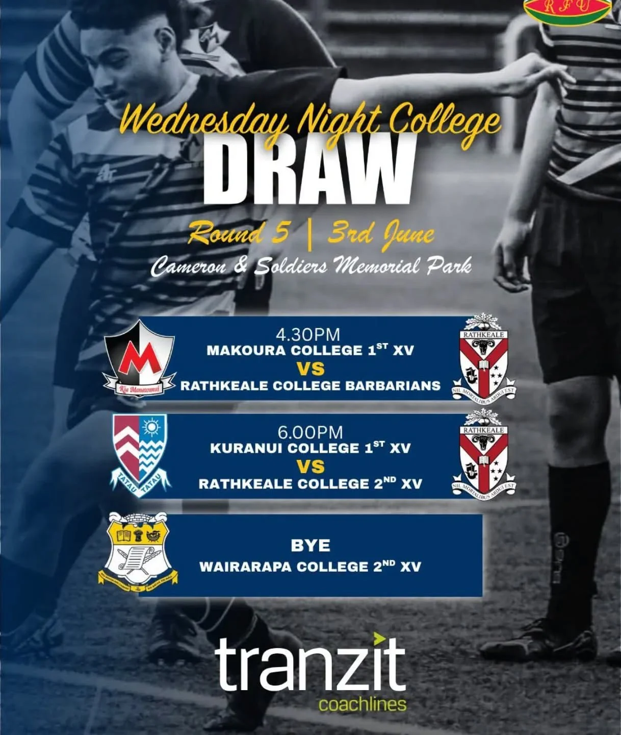 Here's tonight's College Rugby draw 🏉 

We're open at Trust House Memorial Park from 4-7pm.

#korkyscatering #wairaraparugby #collegerugby #foodtrucklife #masterton