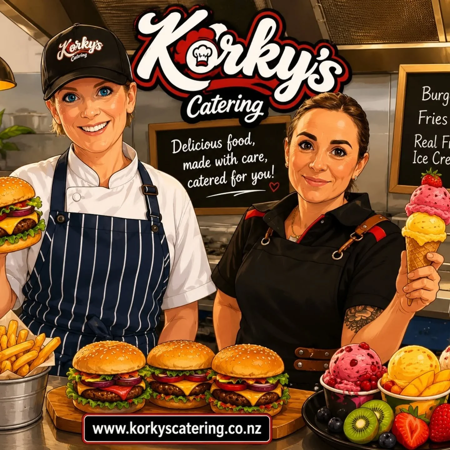 Hey there, Wairarapa! 👋 We realized it's been a minute since we properly introduced ourselves. 

We are Stacey and KJ, the duo behind Korky's Catering! 🚚🍦 Named after KJ's dad's 1970's London wine bar, Korky's is our way of bringing unique, funky,