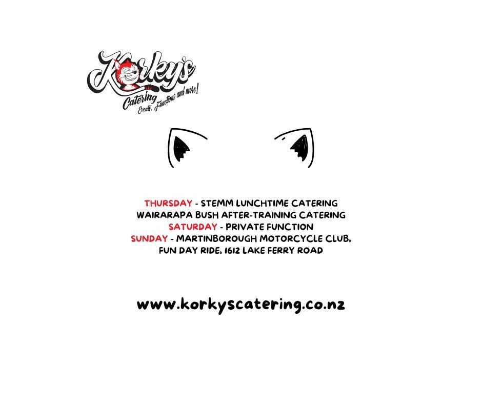 Here's a looksie at where we are this week 👀

Lunchtime Thursday we are catering an awesome event at the Carterton Event Centre. Then Thursday evening we are catering for the Wairarapa Bush Rugby Union after training dinner.

Saturday we are taking 