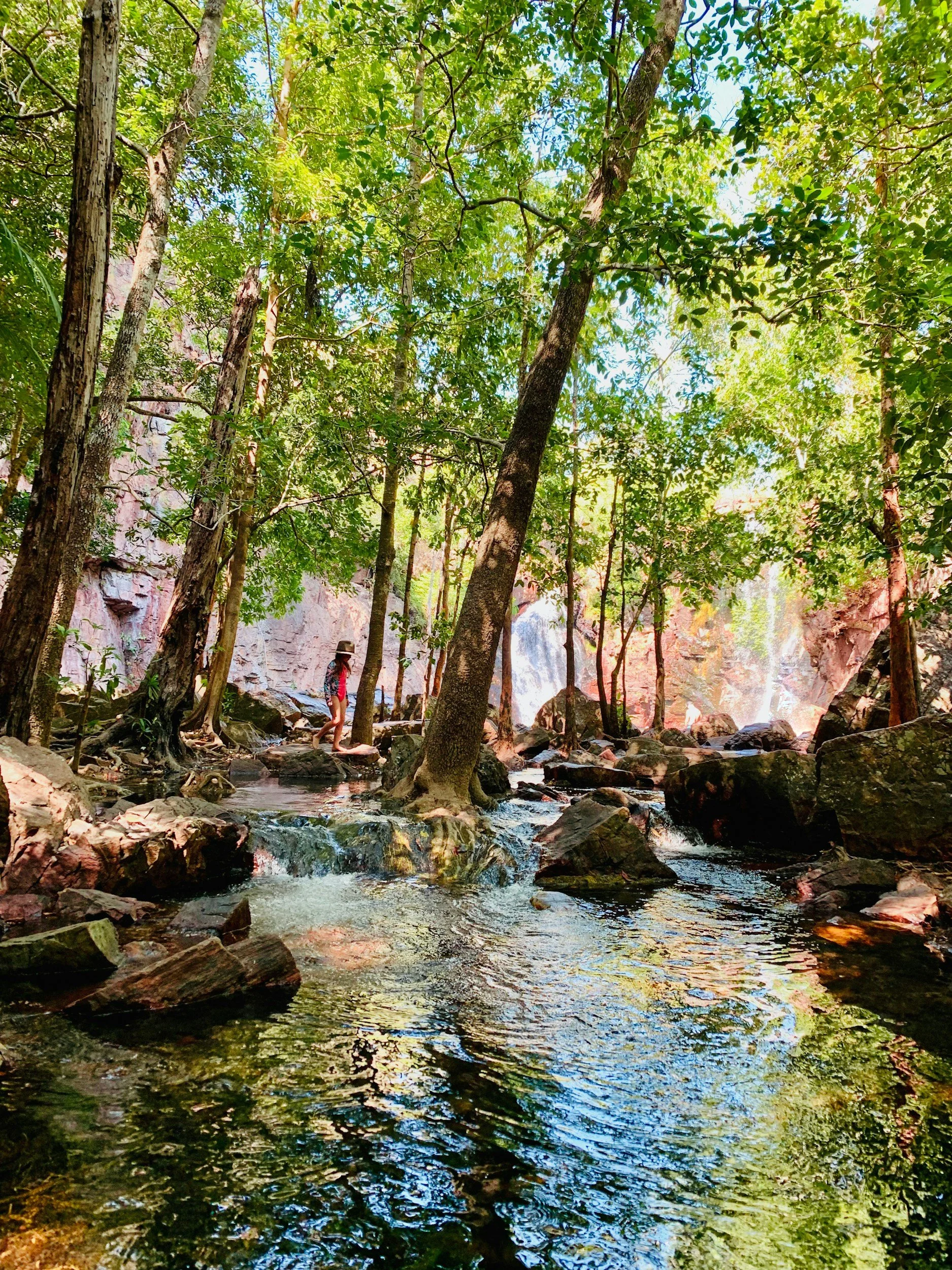 Person wading through a rocky forest stream near a waterfall