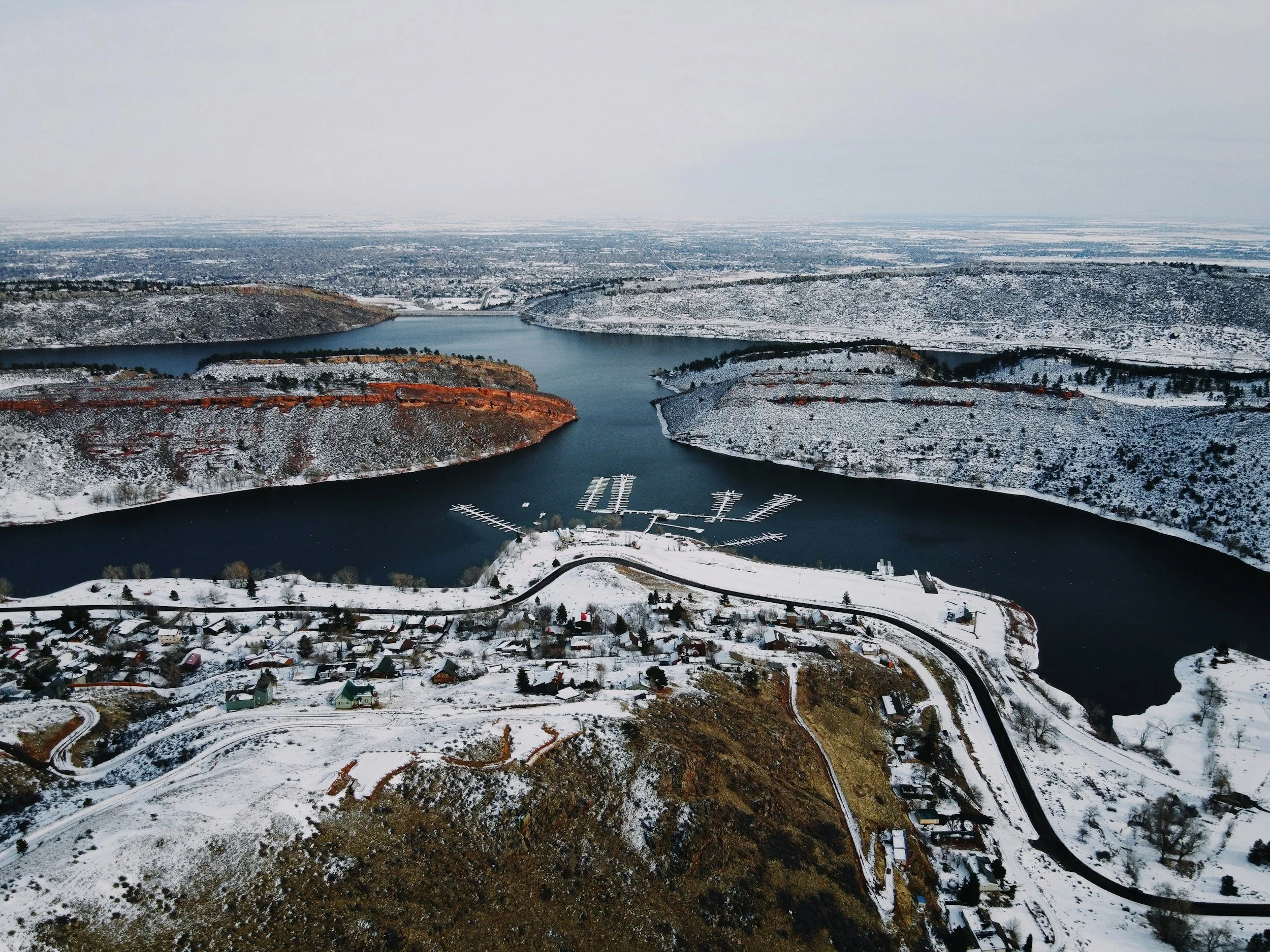 Aerial winter view of Horsetooth Reservoir's marina near Fort Collins, Colorado