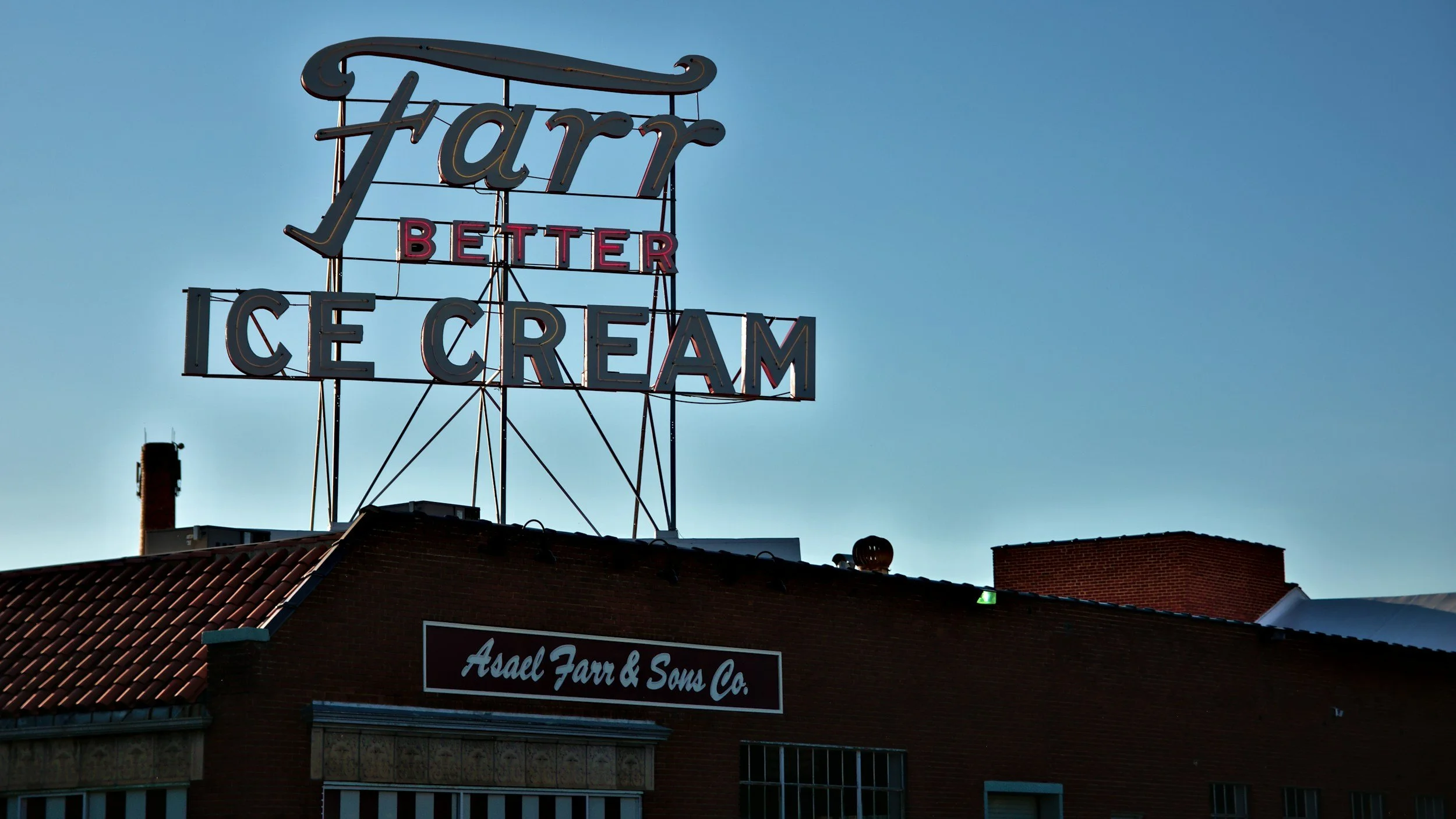 Vintage Farr Better Ice Cream rooftop sign on the Asael Farr and Sons building in Ogden, Utah