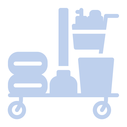 Icon of a shopping cart filled with household cleaning supplies such as bottles and sponges.