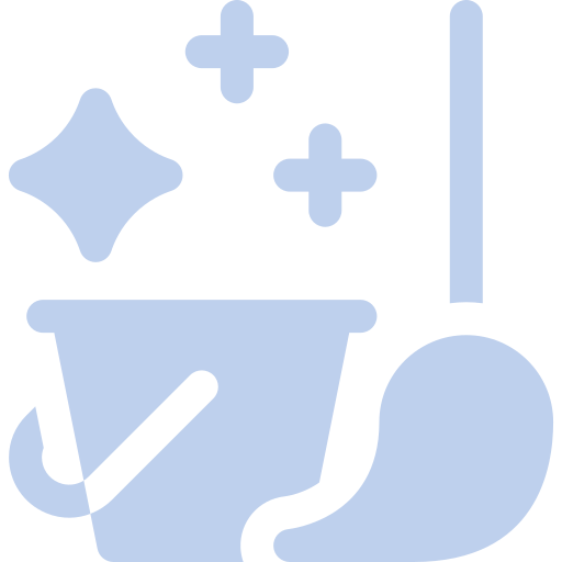 Cleaning or sanitizing icon featuring a bucket, broom, and sparkles.