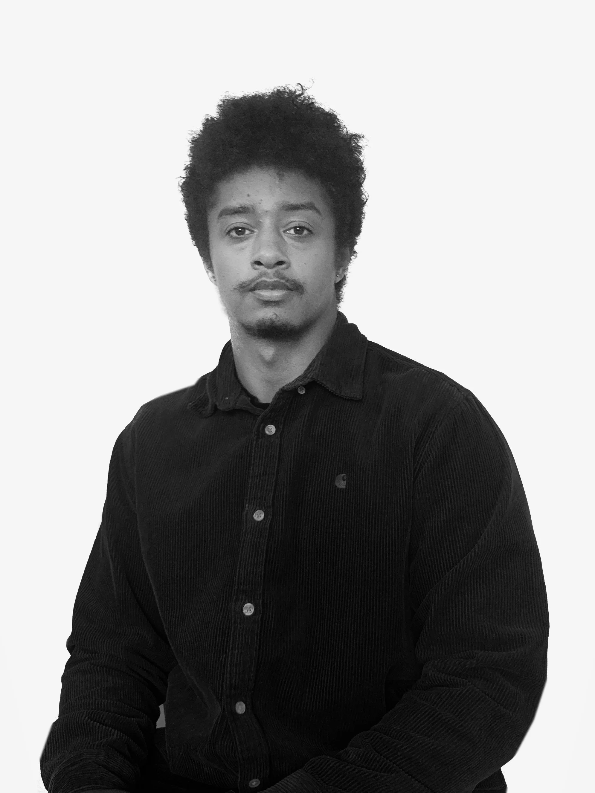 Black-and-white portrait of Sekani Soriano-Bilal