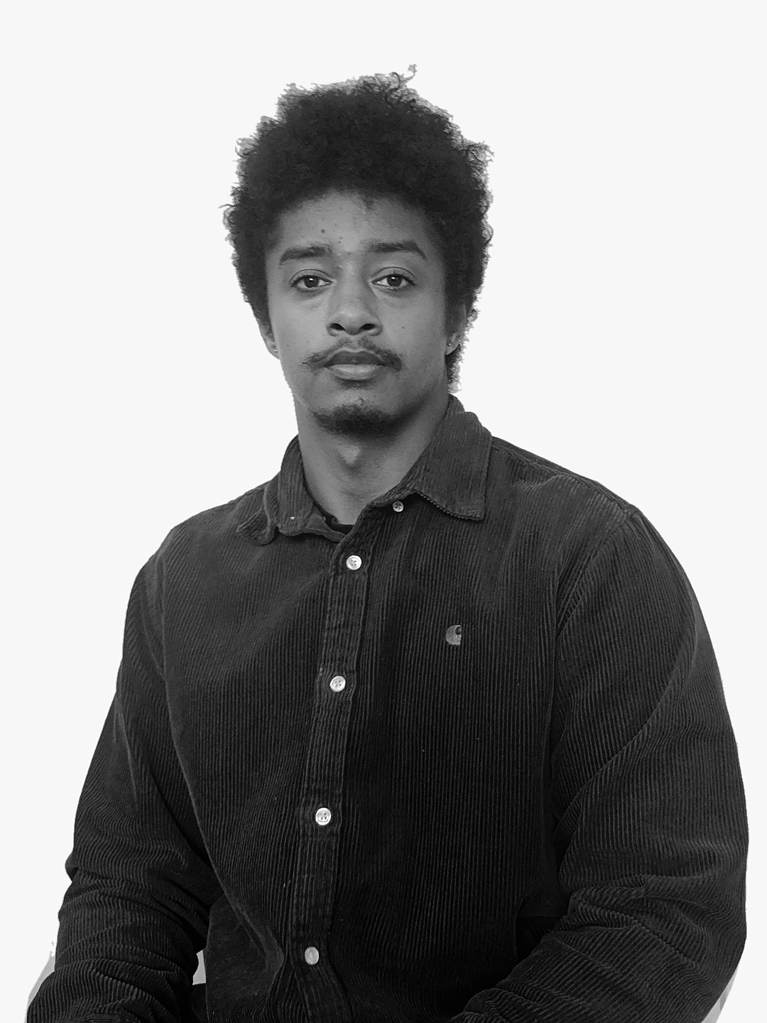 Black-and-white portrait of Sekani Soriano-Bilal