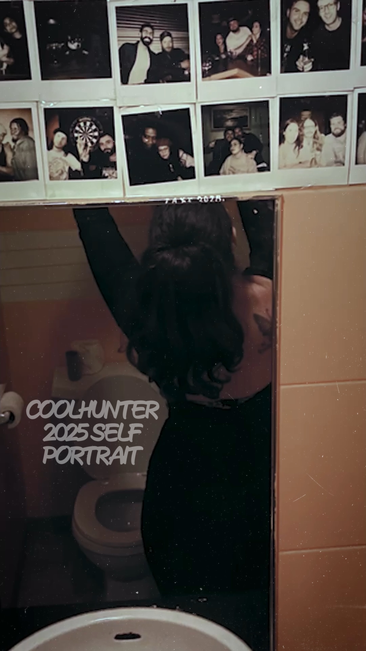 A person taking a mirror selfie in a bathroom, with a gallery of polaroid photos on the wall showing various people and events. The caption reads 'COOLHUNTER 2025 SELF PORTRAIT.'