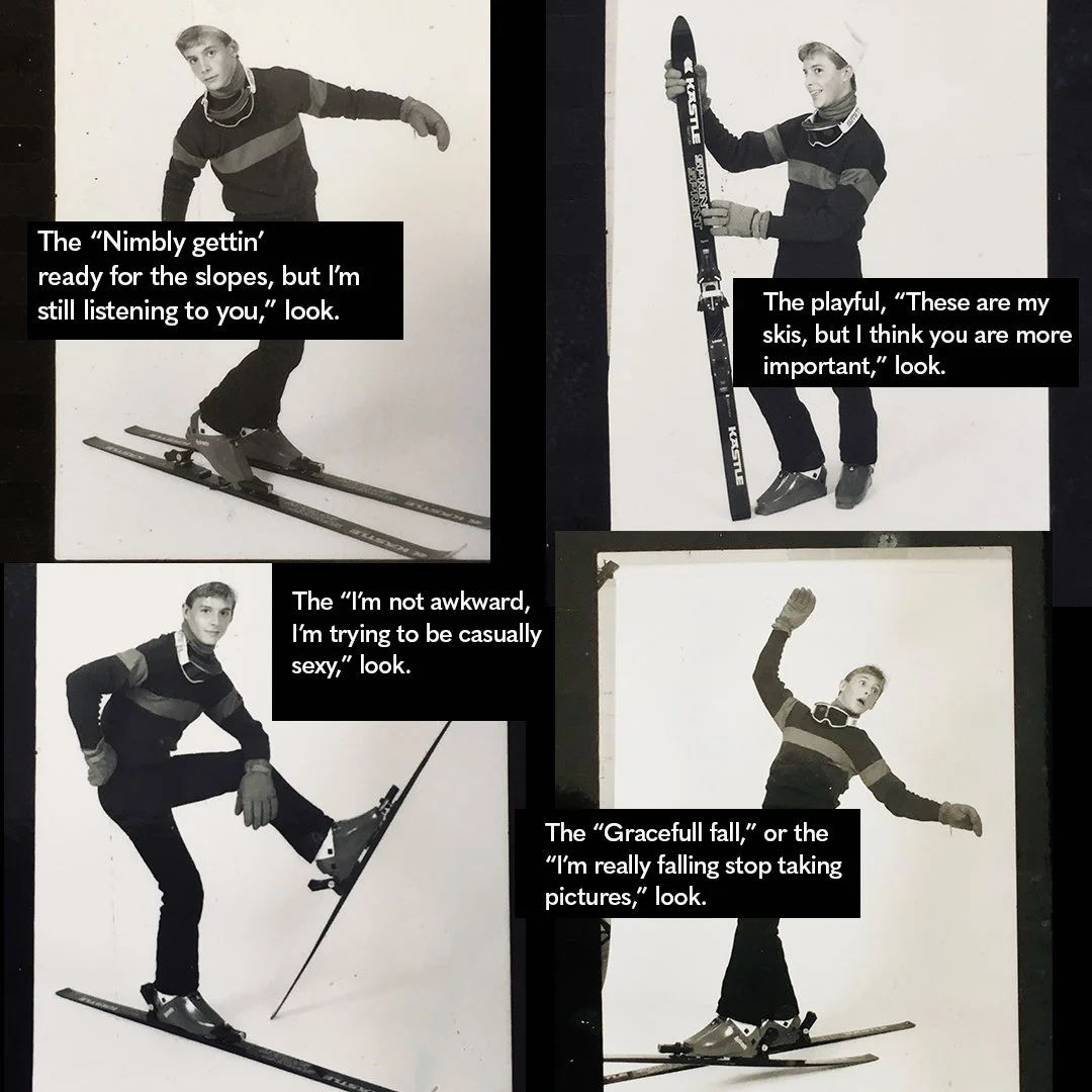 Four black-and-white photos of a young man demonstrating different skiing poses, each with humorous captions about his expressions and stance.