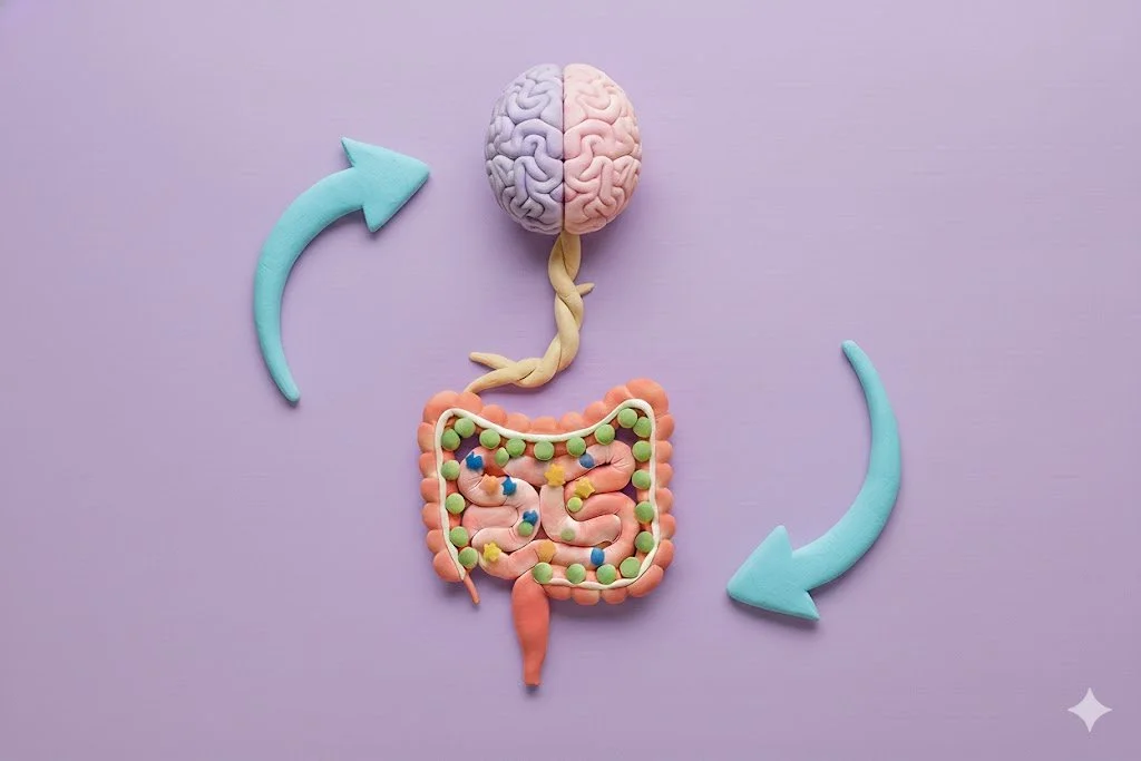 Plasticine texture pink and purple brain connected to the bowel indicating gut-brain axis