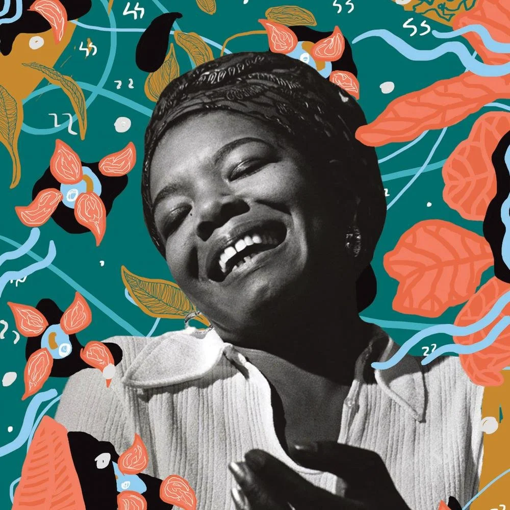 Maya Angelou: A smiling woman with braided hair and a twisty headband, wearing a light-colored shirt.