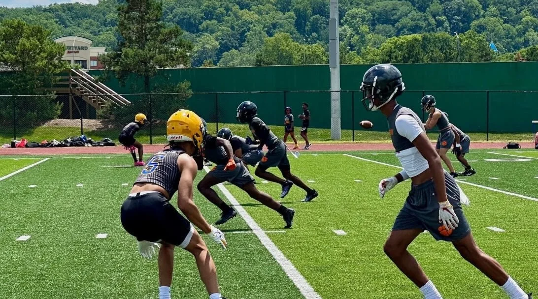 Young football players practicing on a sunny day, wearing helmets and athletic gear on a green field with trees and a fence in the background.