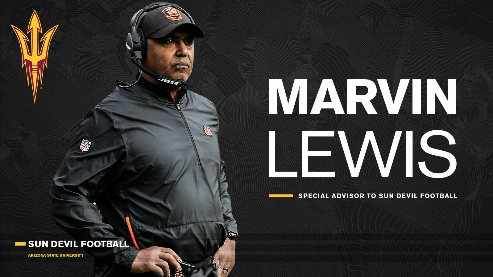 A man in a black head covering and jacket with an Arizona State University logo. The background is black with topographical lines, and there is a sun devil logo on the top left. The text reads "Marvin Lewis" with smaller text "Special Advisor to Sun Devil Football" and "Sun Devil Football Arizona State University."