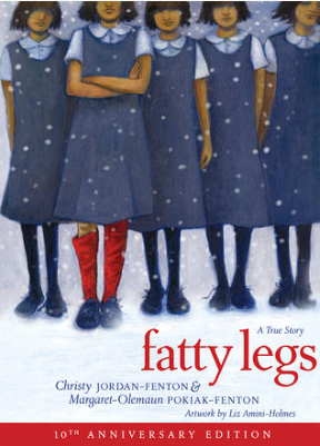 Five girls in matching blue school uniforms and haircuts stand in falling snow; one wears bright red stockings.