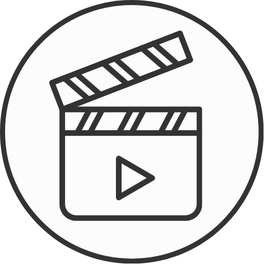 icon graphic of an open film slate with a play symbol on it