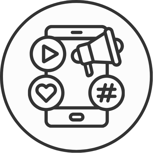 icon graphic of a mobile phone with hashtags, heart and like symbols coming from it