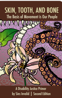 Illustrated book cover featuring a large pale flower surrounded by curling purple-and-orange tentacle-like forms, green leaves, and abstract organic patterns. Text identifies the book as Skin, Tooth, and Bone: The Basis of Movement Is Our People.