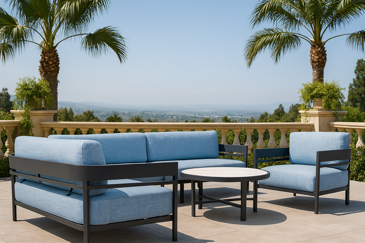 Outdoor patio with blue cushioned sofa, armchair, and round coffee table, overlooking a scenic view of trees and distant hills, with palm trees and a decorative balustrade in the background.