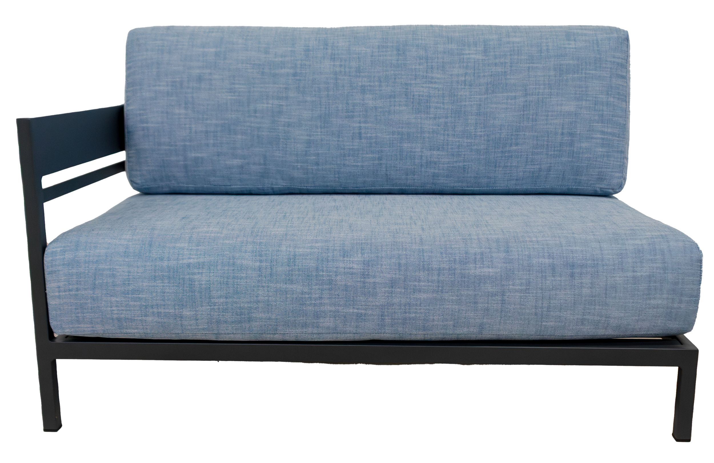 A modern left arm facing sectional sofa piece with a dark gray frame and upholstered in light blue fabric.