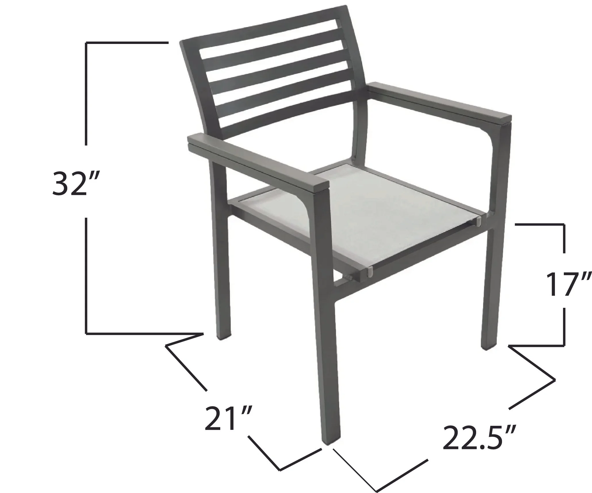 An outdoor chair with a slatted backrest and armrests, measuring 32 inches in height, 21 inches in width, 22.5 inches in depth, with a seat height of 17 inches.