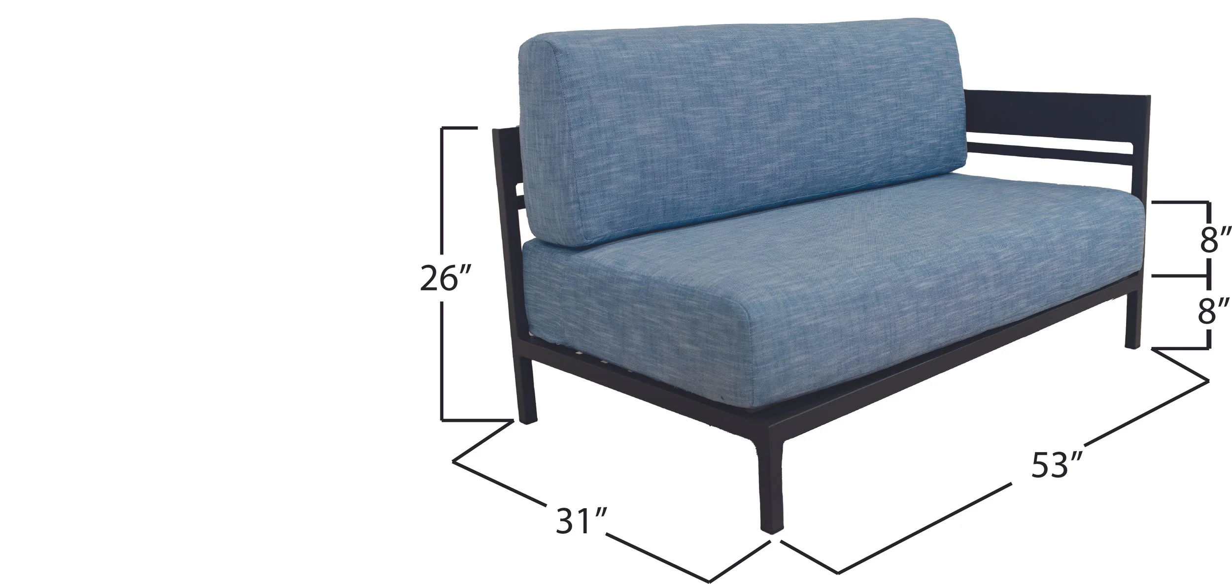 A modern right arm facing sectional sofa piece with a dark gray frame and upholstered in light blue fabric., measurements indicating 26 inches tall, 31 inches deep, and 53 inches wide.