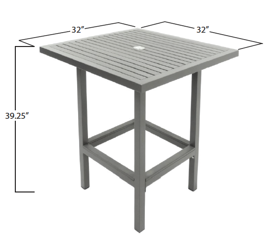A square outdoor table with a gray wooden top measuring 32 inches on each side, supported by four gray legs and a lower support frame, and a circular hole in the center of the tabletop.
