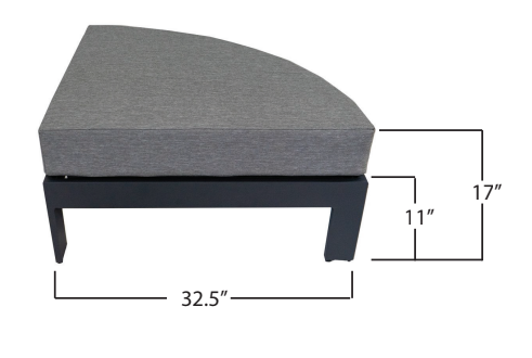 A modern gray upholstered ottoman with black legs, measuring 32.5 inches wide, 17 inches high, and 11 inches deep.