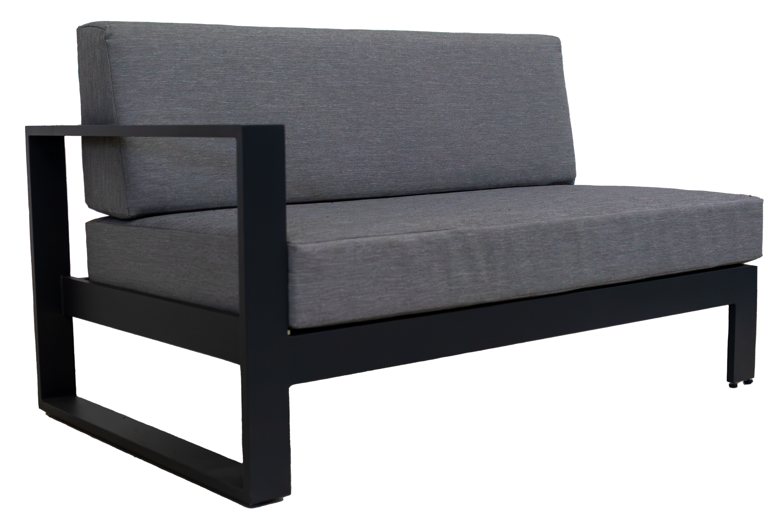 Modern grey upholstered patio chair with a black metal frame and armrests.