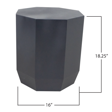A black, faceted, hexagonal-shaped side table with height 18.25 inches and width 16 inches.