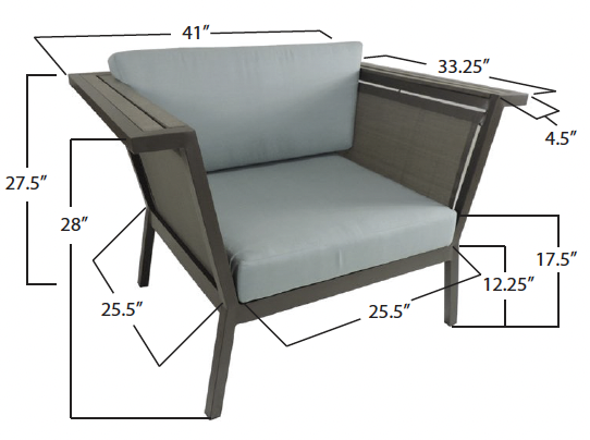 Diagram of a modern outdoor armchair with dimensions labeled, showing measurements for height, width, depth, and various features.