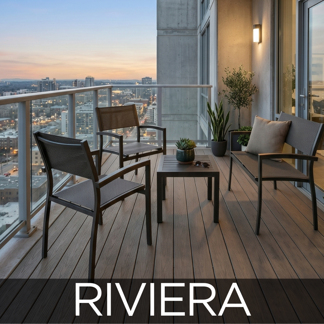 Riviera Collection For Hotel Commercial Patio Furniture. Patio furniture pieces on an outdoor balcony in an urban setting.