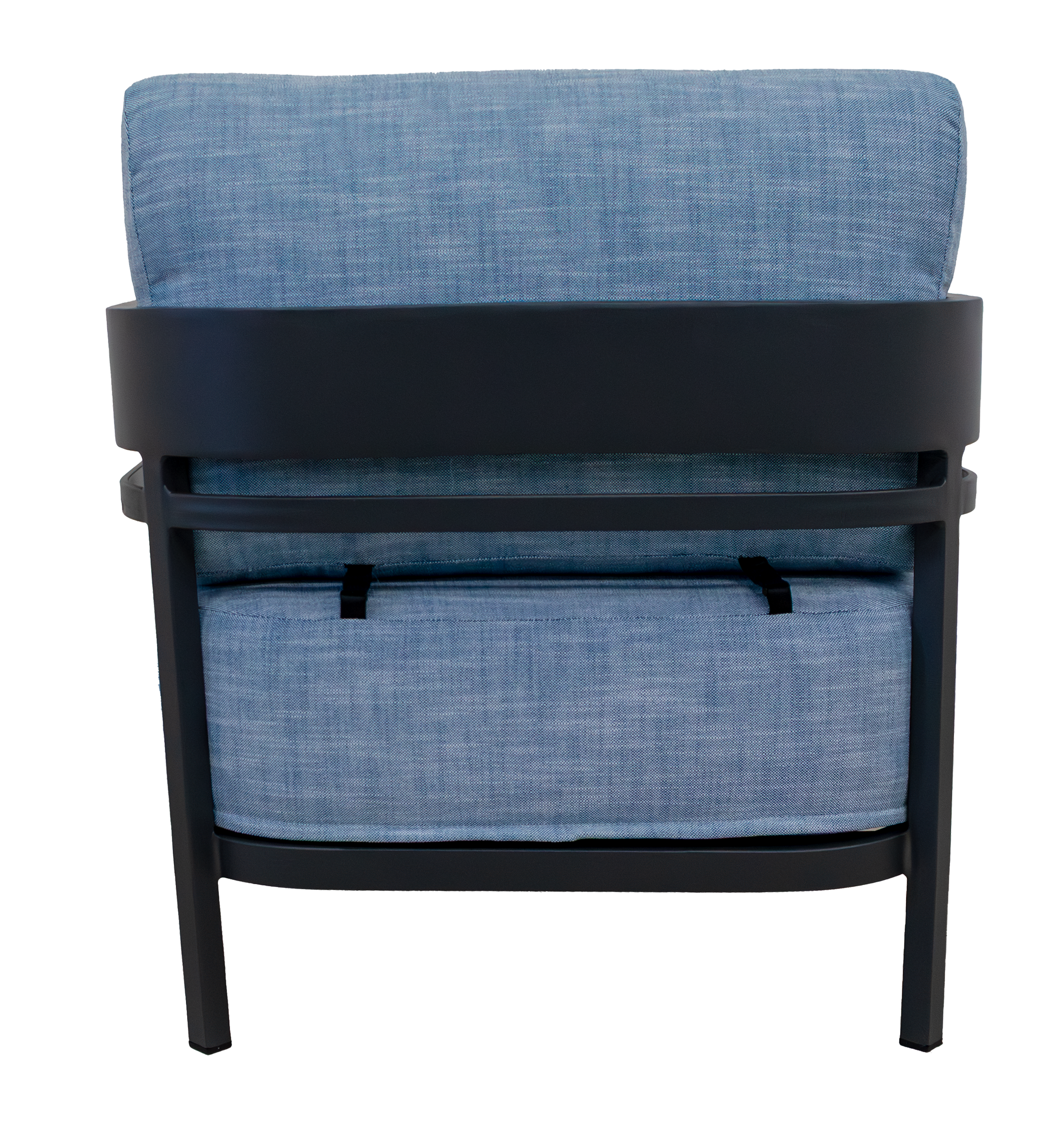 A close-up view of a modern chair with a dark gray metal frame, light blue fabric upholstery, and black buckles on the back.