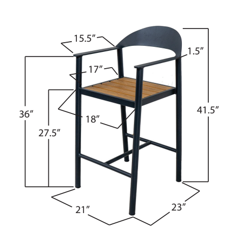 Dimensions of a black metal bar stool with a wooden seat, including height, width, and depth measurements.