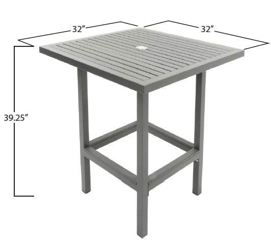 A gray outdoor side table with a slatted square top measuring 32 inches on each side and a height of 39.25 inches.