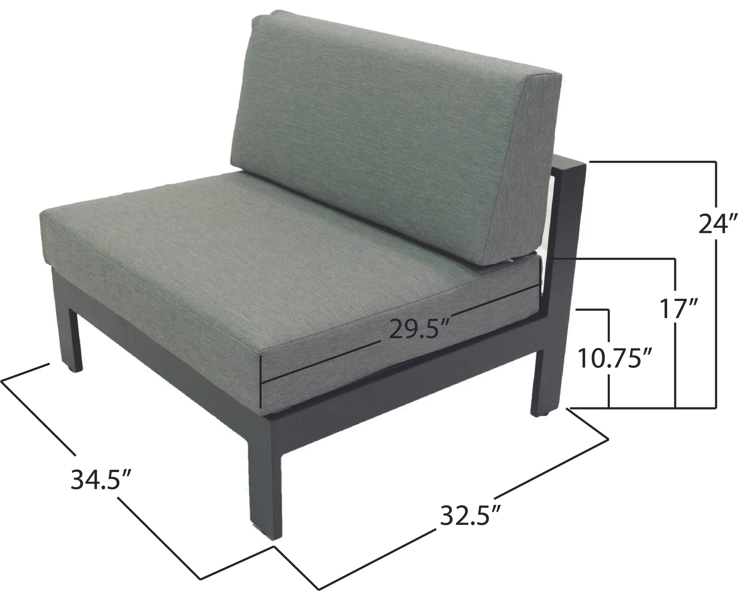 A gray upholstered modern patio chair with wooden legs, with dimensions illustrating its height, width, and depth.