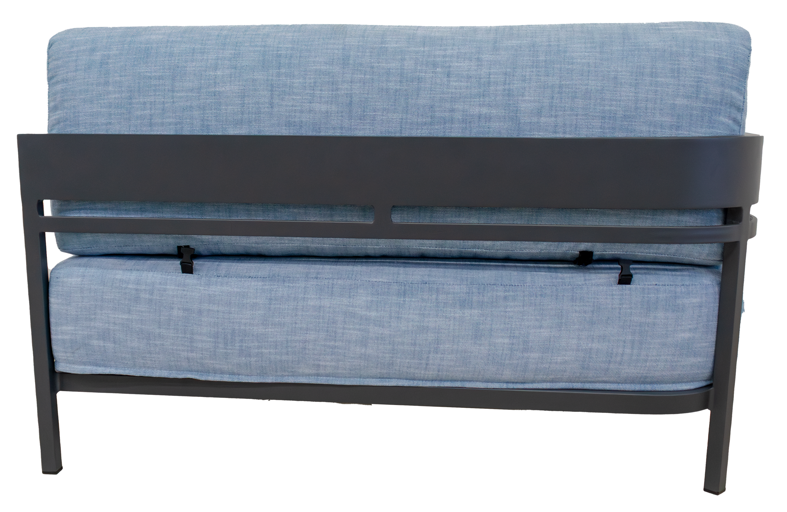 Back view of a modern left arm facing sectional sofa piece with a dark gray frame and upholstered in light blue fabric.