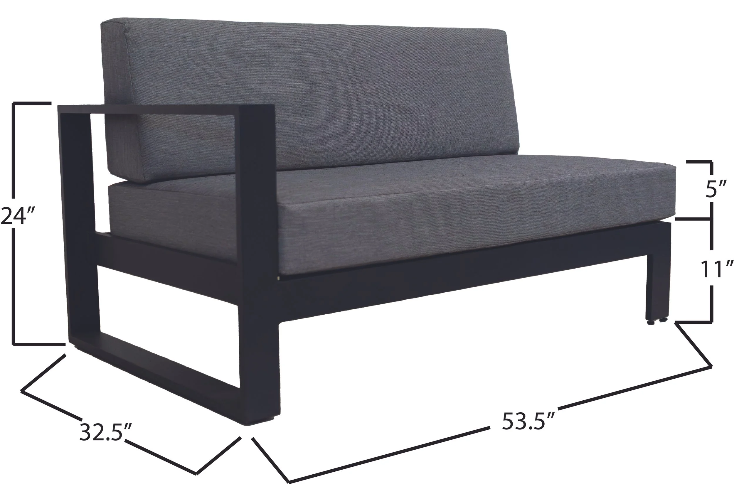A modern gray upholstered patio loveseat with a black metal frame, measuring 24 inches in height, 32.5 inches in depth, 53.5 inches in length, with a 5-inch seat cushion and 11-inch clearance from the ground.