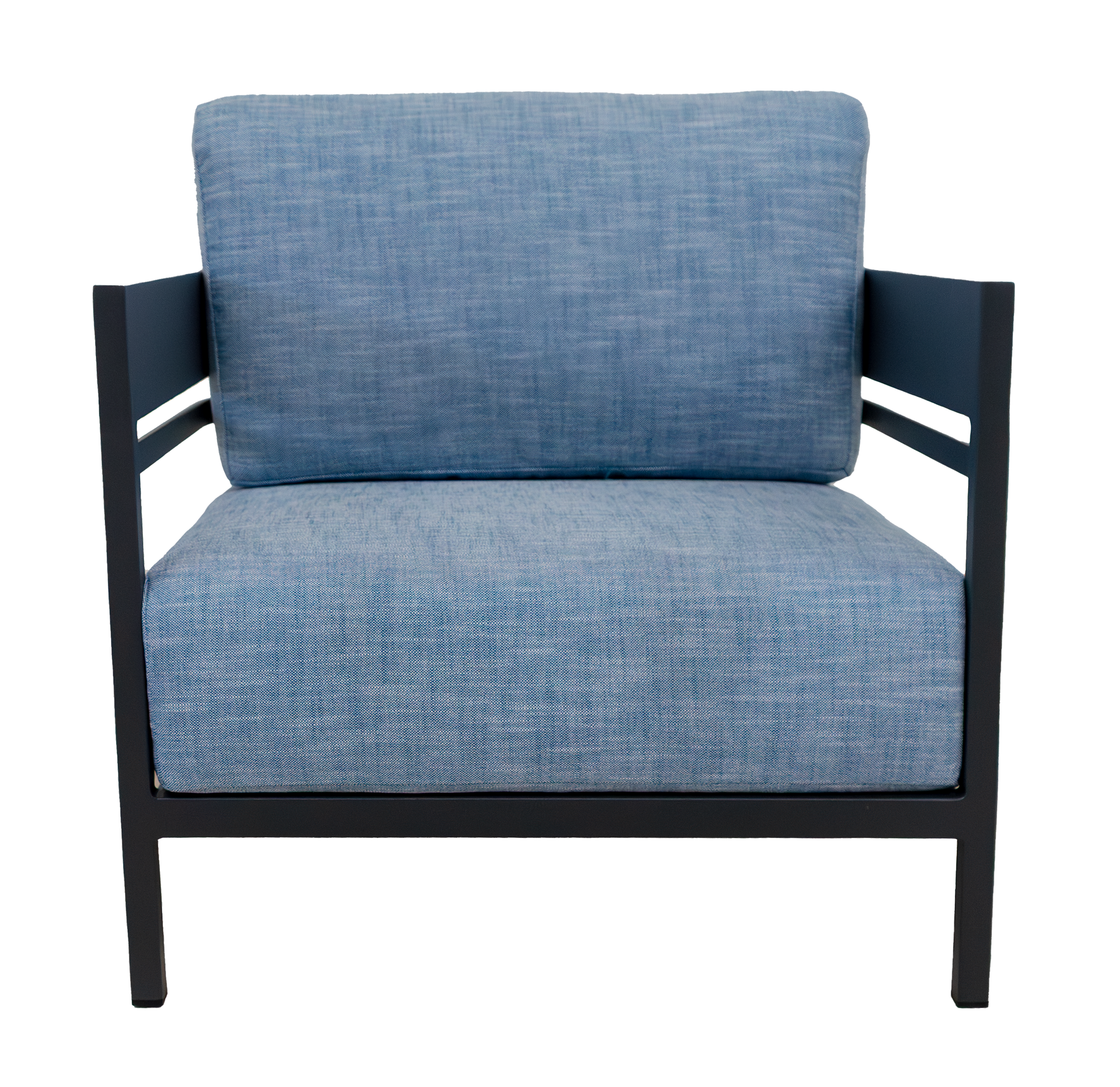 Front view of a blue upholstered armchair with a dark gray metal frame and armrests.
