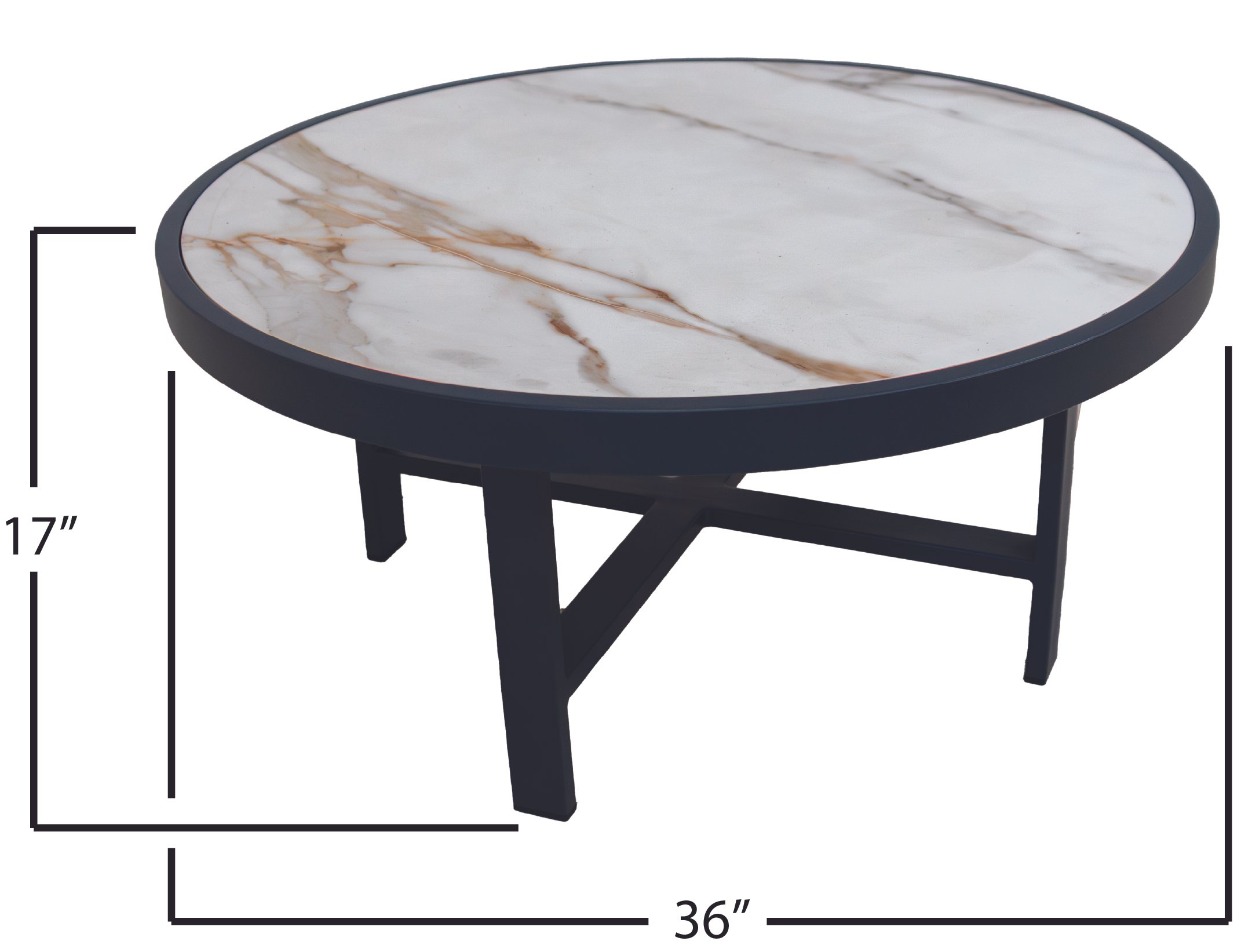 Round coffee table with a marble top and dark gray metal frame, measuring 36 inches wide and 17 inches tall.