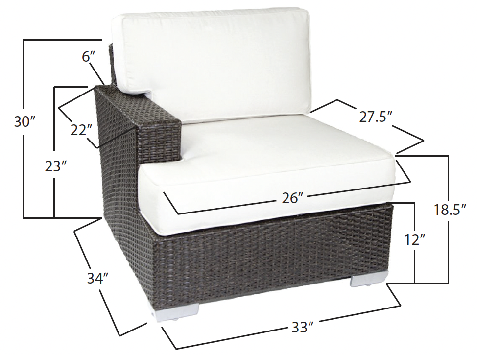 A wicker outdoor armchair with white cushions, measurements marked including overall width 33 inches, seat width 26 inches, seat depth 27.5 inches, back height 18.5 inches, armrest height 23 inches, and other detailed dimensions.