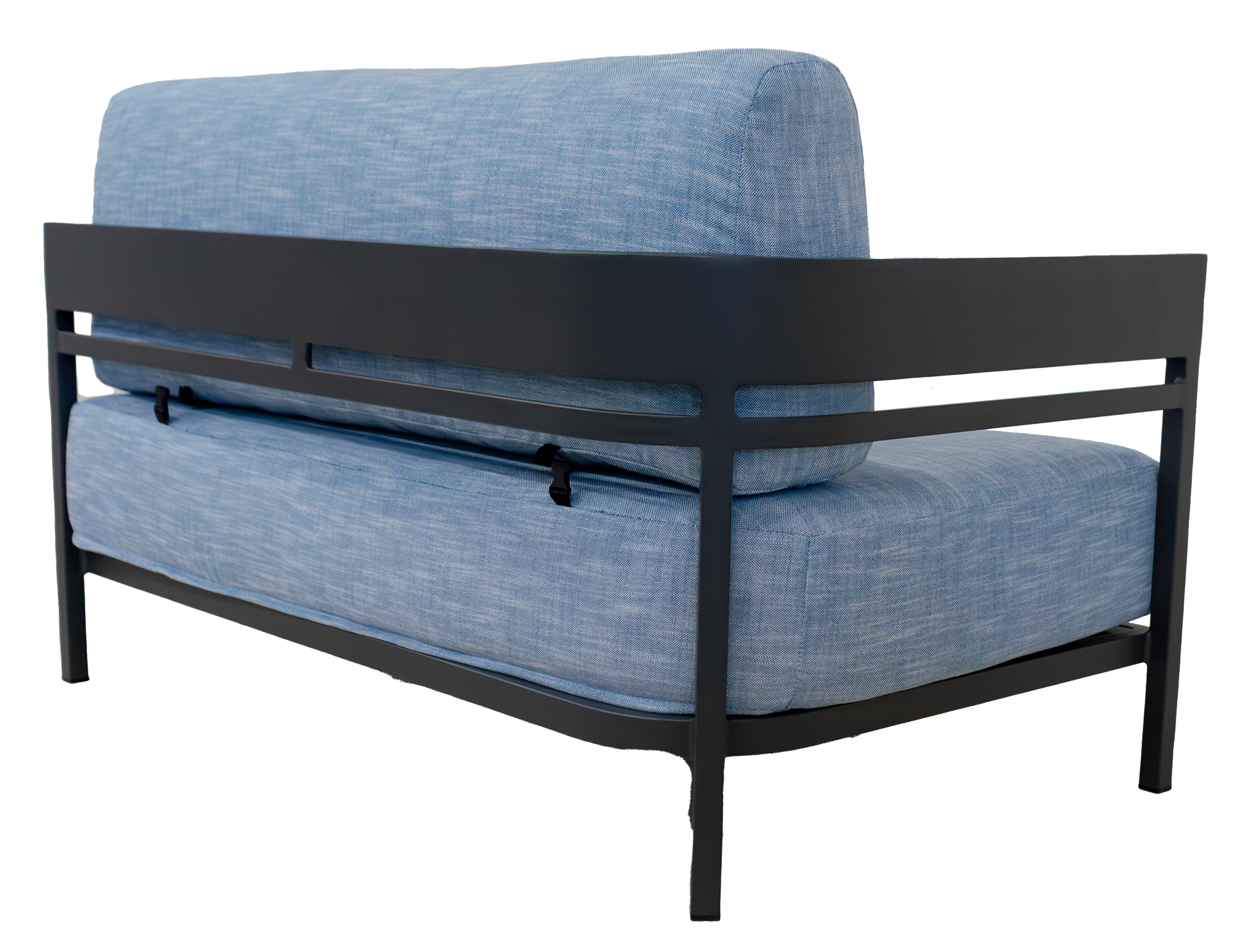 Back side view of a modern left arm facing sectional sofa piece with a dark gray frame and upholstered in light blue fabric.