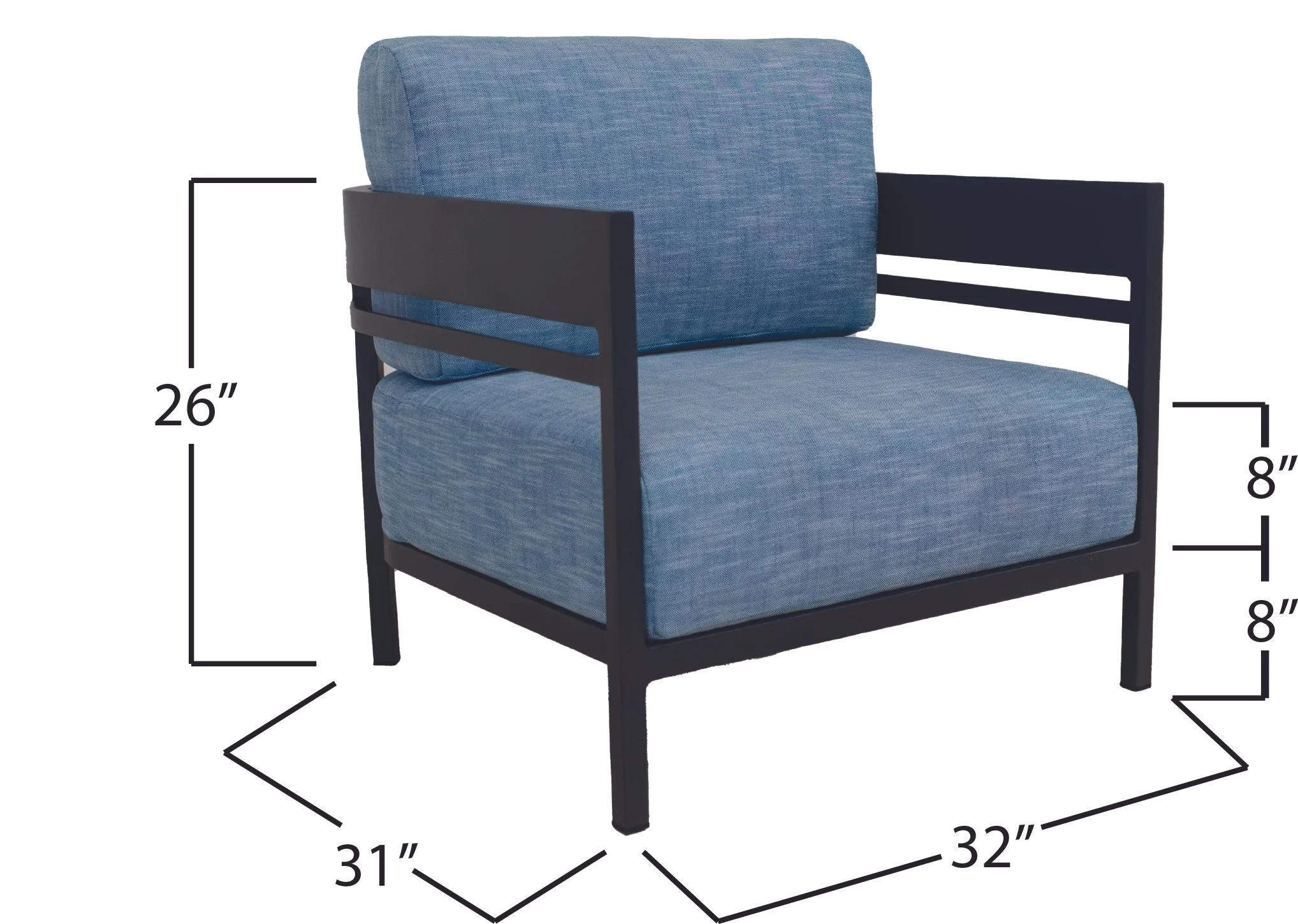 Blue upholstered armchair with dark gray frame, showing dimensions: 26 inches tall, 31 inches deep, 32 inches wide, seat height 8 inches, armrest height 8 inches.