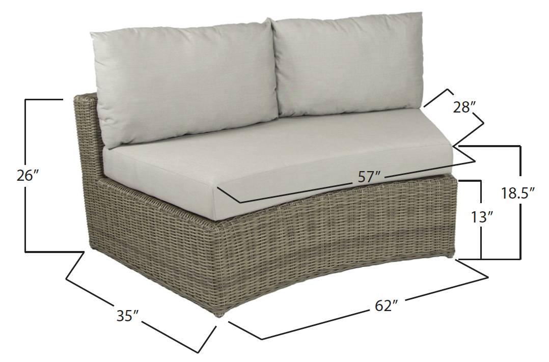 Outdoor wicker loveseat with beige cushions and measurements indicating dimensions in inches.