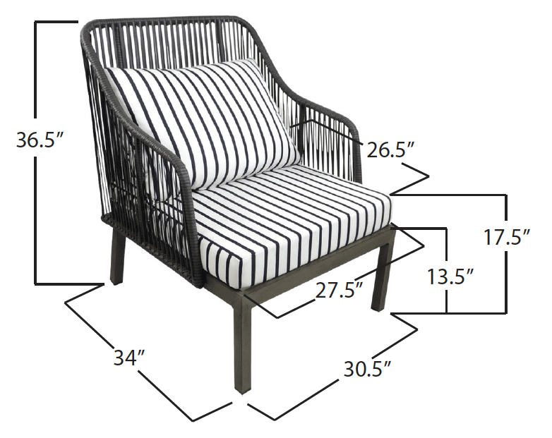 A black outdoor armchair with vertical slats, featuring striped cushions with black and white stripes, and measurements indicating its dimensions.