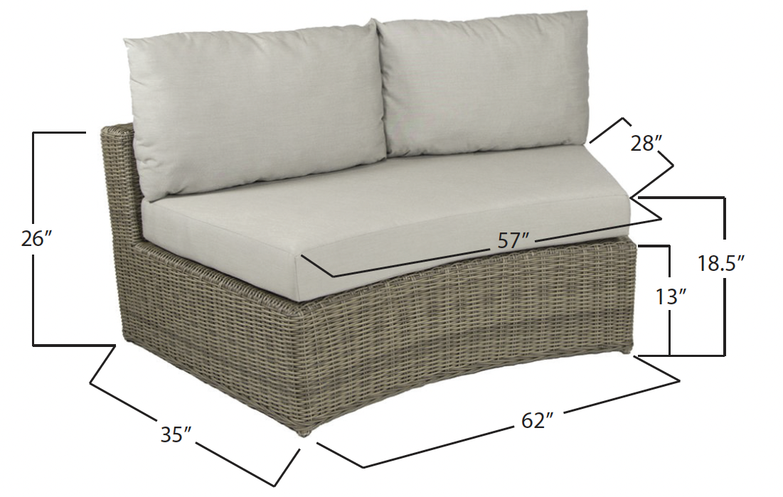 Outdoor rattan loveseat with beige cushions and pillows, with dimensions labeled for height, width, and depth.