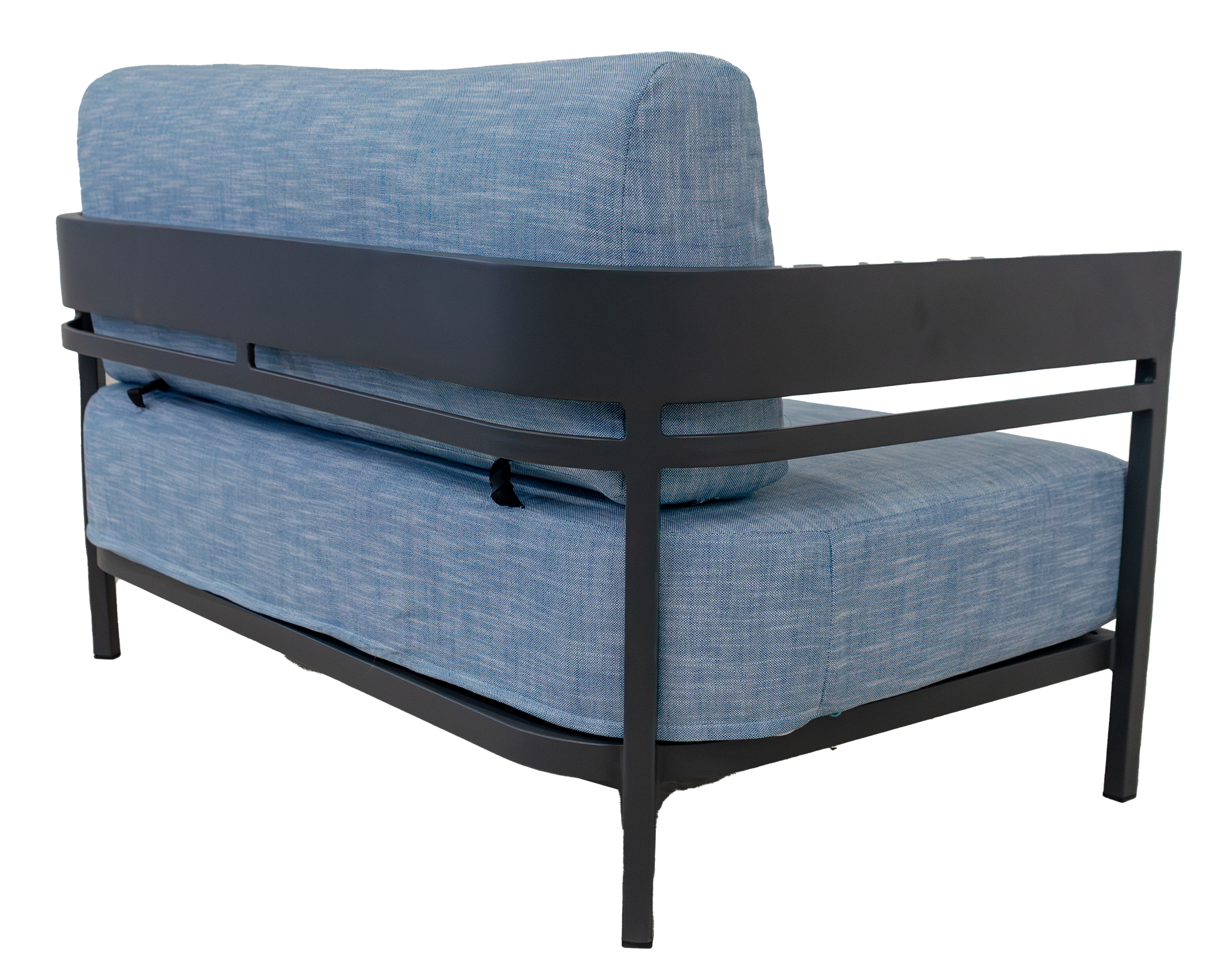 Blue upholstered sofa with a dark gray metal frame and a matching lumbar pillow.
