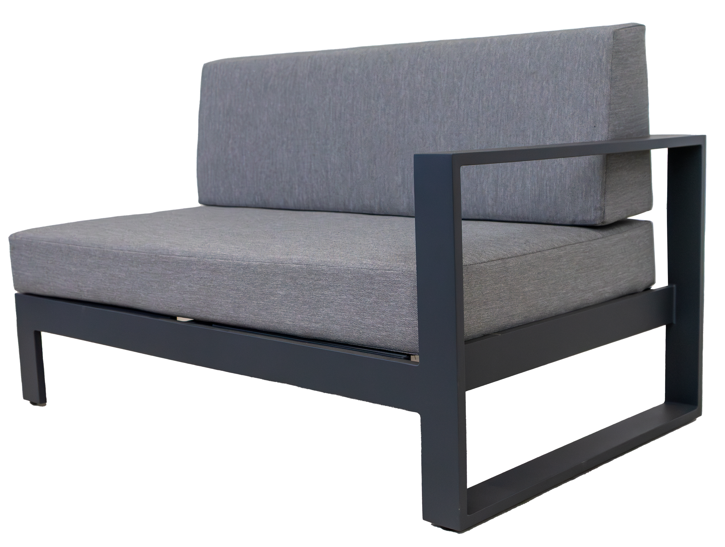 Modern gray upholstered armchair with black metal frame and armrests.