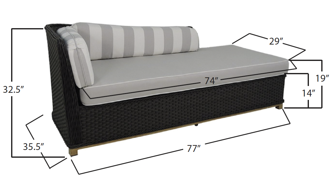 Outdoor wicker sofa with gray and white striped cushions and a light gray seat cushion, with dimensional measurements displayed.