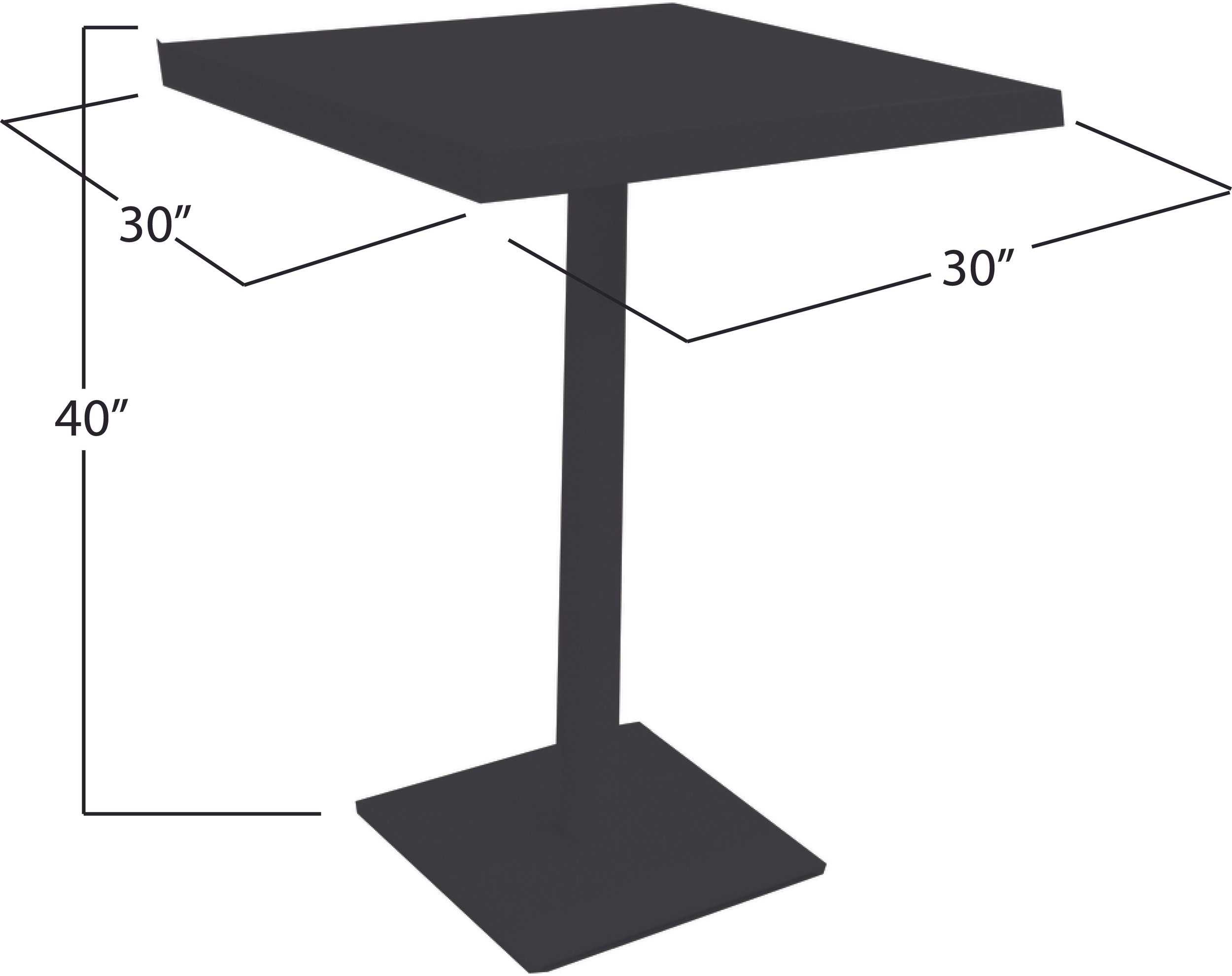 A dark grey square table with a central support column. The table top measures 30 inches by 30 inches, and the height of the table is 40 inches.