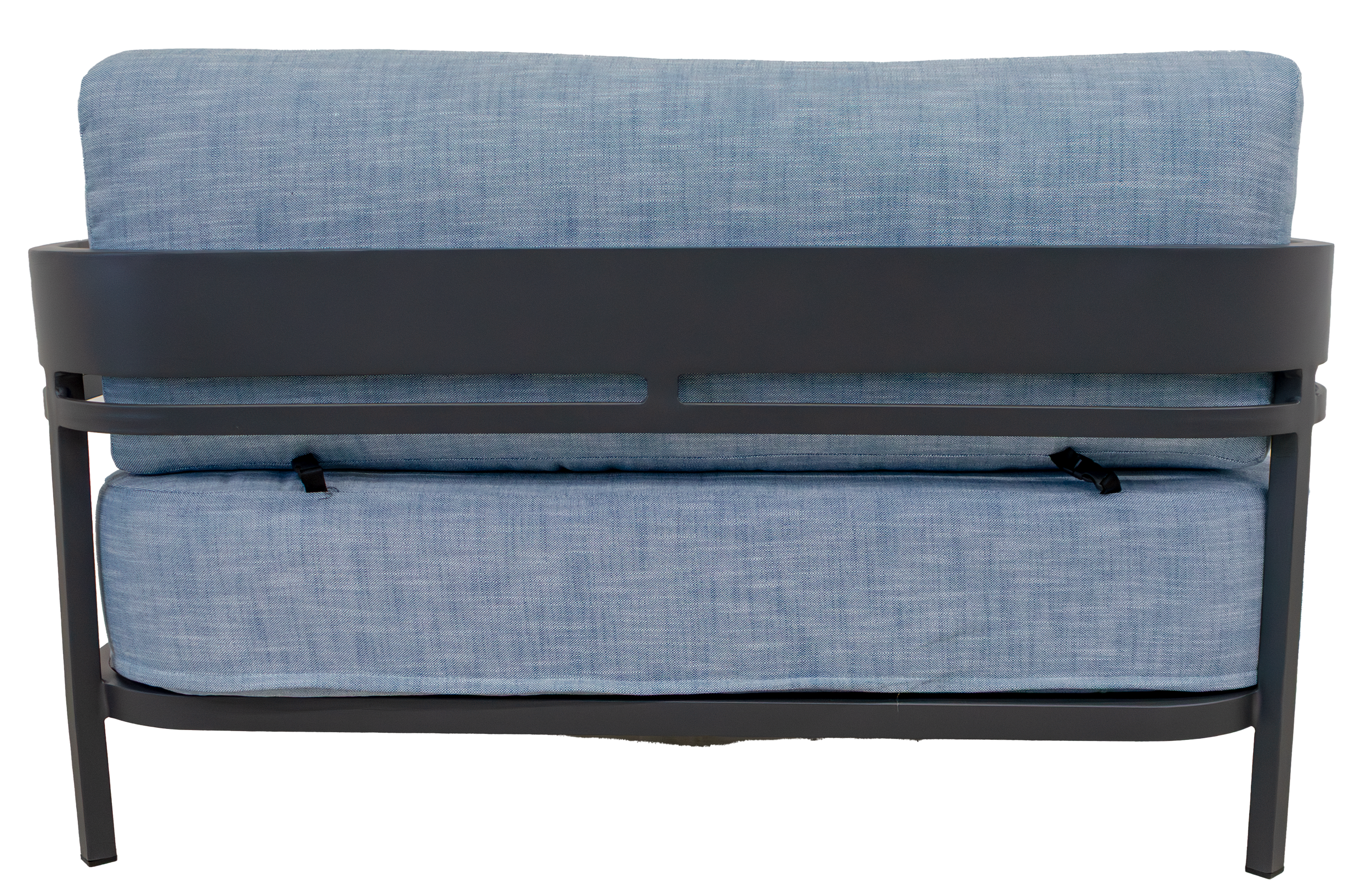 Back view of a patio loveseat with a dark gray metal frame.